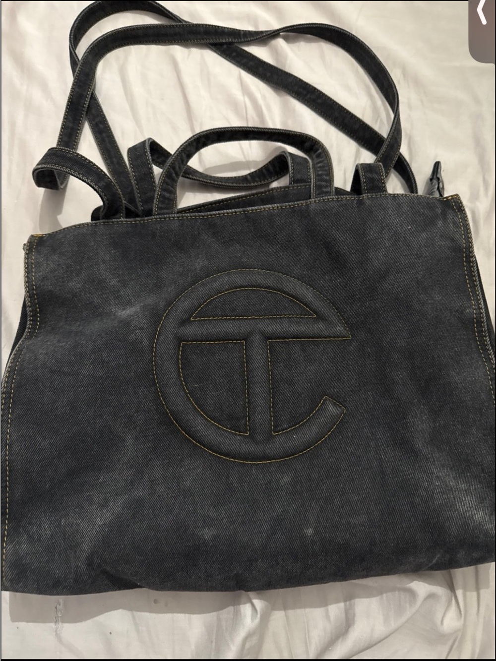 Black Denim Tote with Embossed Circular Logo